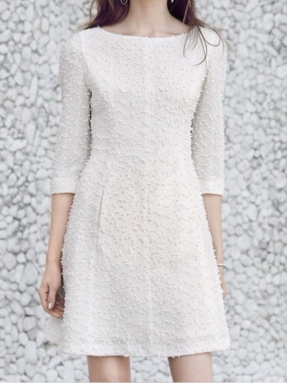 Vince Camuto Boucle Ivory Off White Textured 3/4 Sleeves Fit&Flare Dress Sz 6